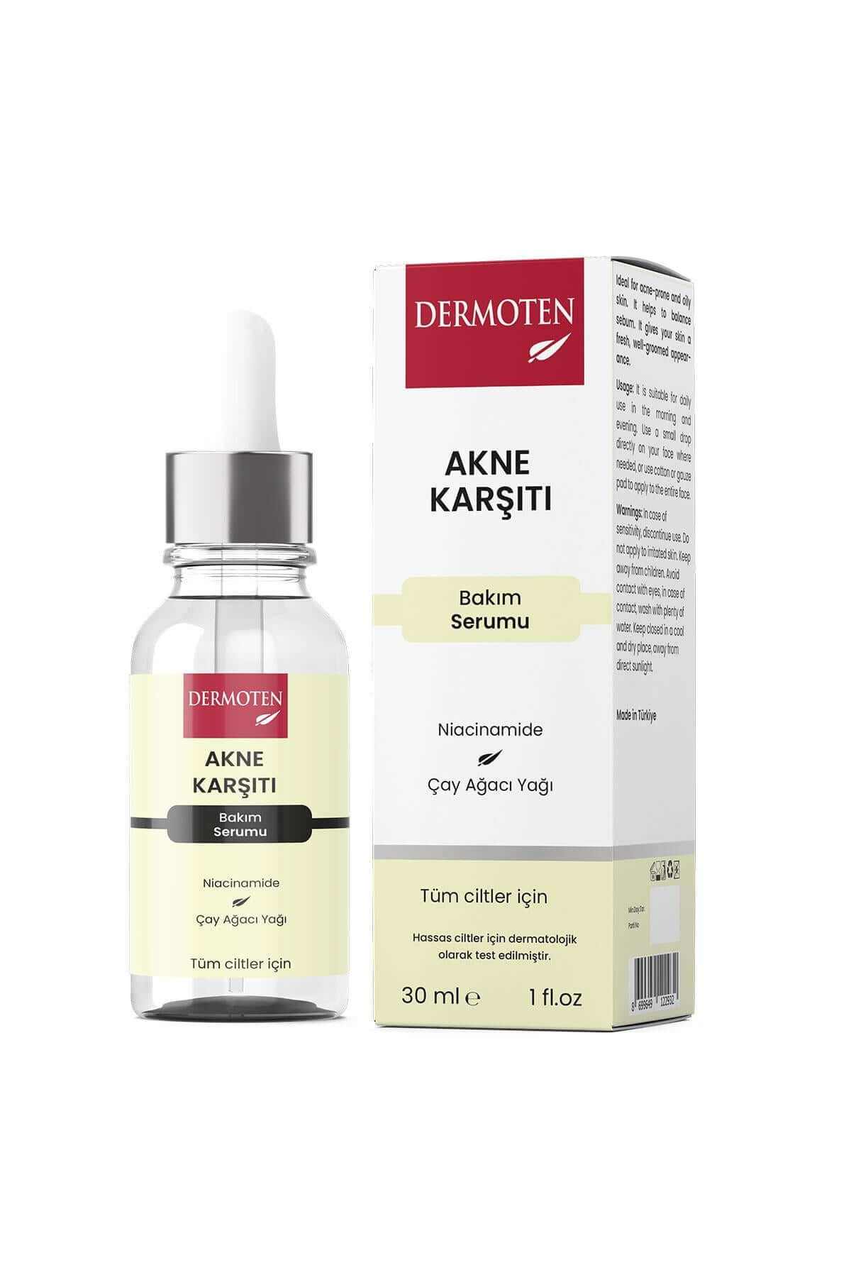Dermoten Akne Karşıtı, Niacinamide ve Çay Ağacı Yağı İçeren Cilt Bakım Serumu 30 ml